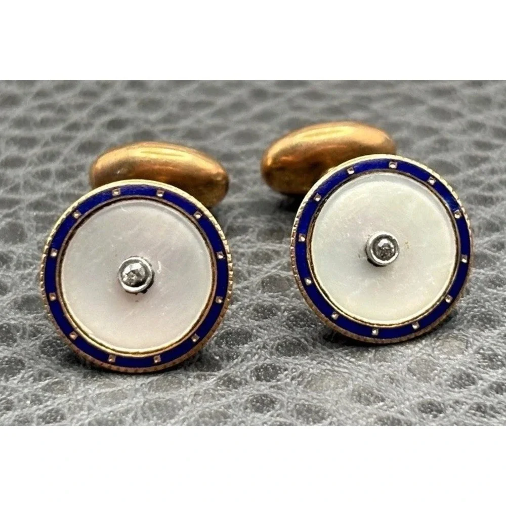 Carter & Howe 14K Gold Mother of Pearl Blue Enamel Diamond Cufflinks Art Deco